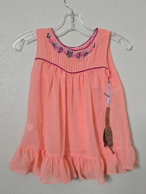 Girls Peach Ruffle Tank Top with Embroidered Yoke